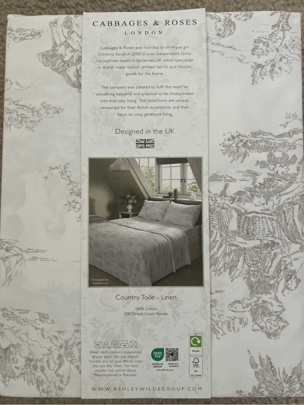 Cabbages & Roses London England Toile Linen 100% Cotton Percale Queen Sheet